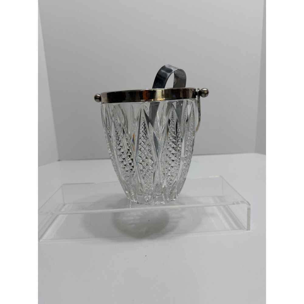 Cut Crystal Glass Silver Tone Ice Bucket with Tongs EUC